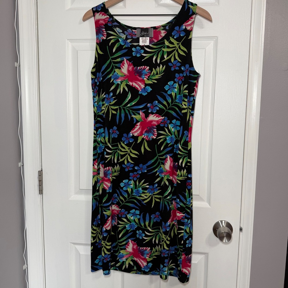 Vintage Slinky Brand Women Tropical Floral Sleeveless Dress Resort Vacation M